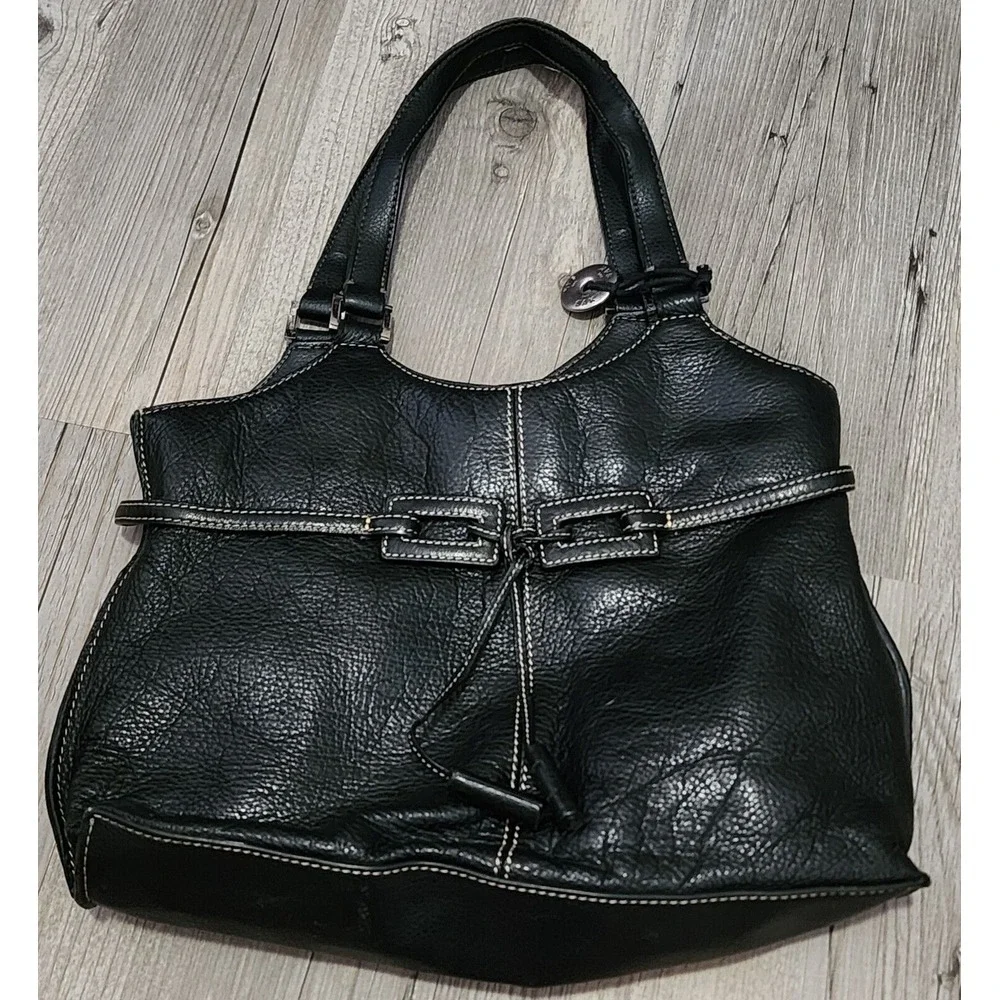 The Sak Pebbled Leather Contrast Stitch Gingham Lining‎ Shoulder Handbag Black